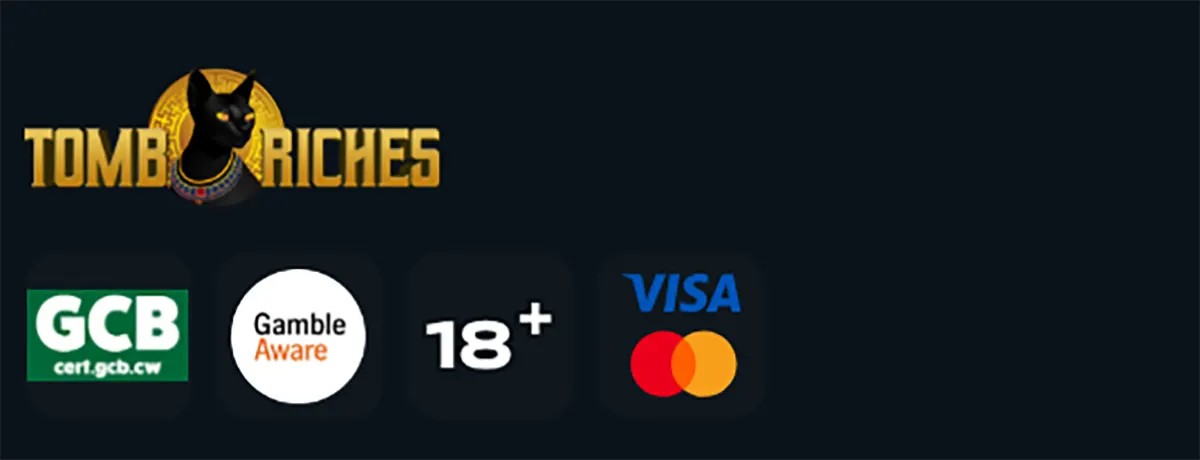 Tomb Riches banner featuring a black cat logo alongside GCB certification, GambleAware, an 18+ age badge, and Visa/Mastercard payment icons.