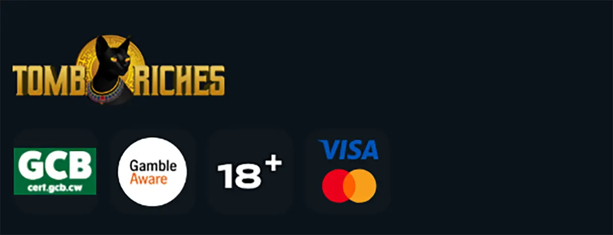 Tomb Riches banner featuring a black cat logo alongside GCB certification, GambleAware, an 18+ age badge, and Visa/Mastercard payment icons.
