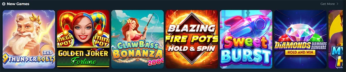New Games carousel showing Thunderbolts, Golden Joker Fortune, Claw Bass Bonanza 2000, Blazing Fire Pots: Hold & Spin, Sweet Burst, and Diamonds Hold and Win slot thumbnails.