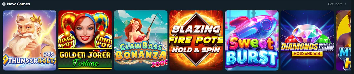 New Games carousel showing Thunderbolts, Golden Joker Fortune, Claw Bass Bonanza 2000, Blazing Fire Pots: Hold & Spin, Sweet Burst, and Diamonds Hold and Win slot thumbnails.