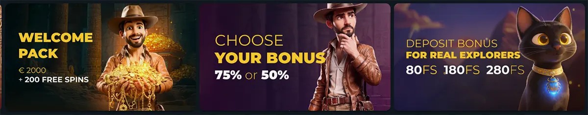 Wide promotional banner showing three Tomb Riches bonus tiles: a “Welcome Pack” (€2000 + 200 free spins) with an explorer holding gold, a “Choose Your Bonus” (75% or 50%) card, and a “Deposit Bonus for Real Explorers” panel featuring a black cat and free-spin amounts.