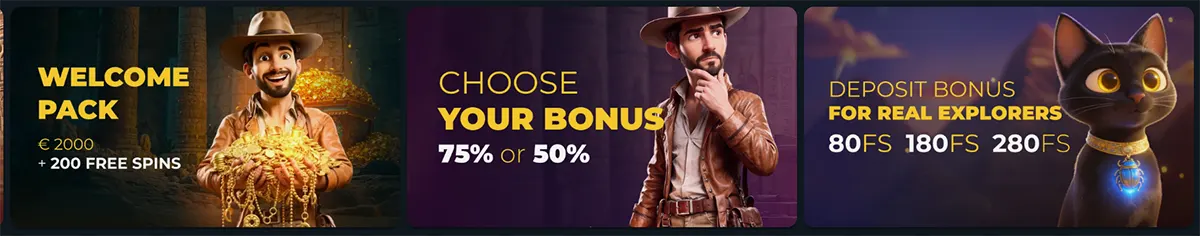 Wide promotional banner showing three Tomb Riches bonus tiles: a “Welcome Pack” (€2000 + 200 free spins) with an explorer holding gold, a “Choose Your Bonus” (75% or 50%) card, and a “Deposit Bonus for Real Explorers” panel featuring a black cat and free-spin amounts.