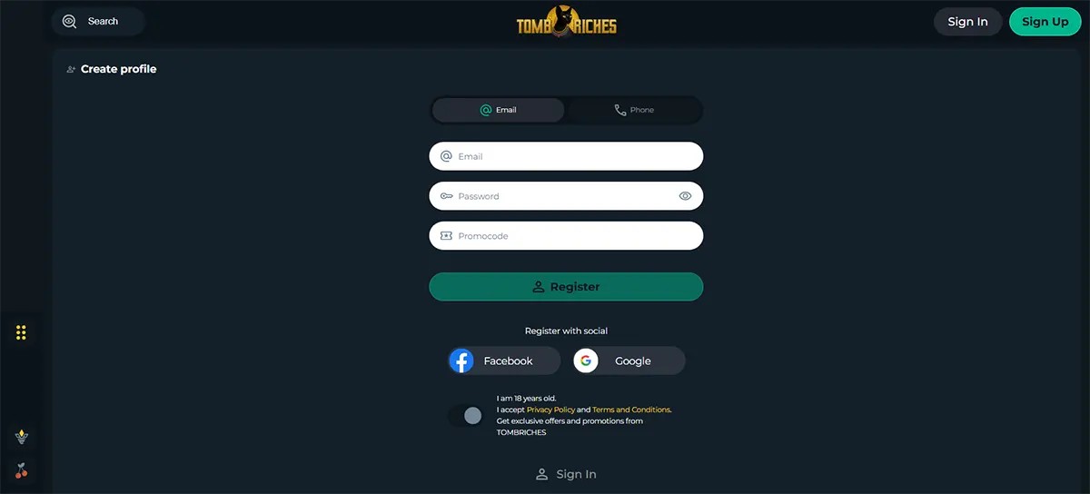 Dark-themed Tomb Riches “Create profile” registration screen with email/password/promocode fields, a green Register button, Facebook/Google social sign-up options, and an 18+ terms consent checkbox.