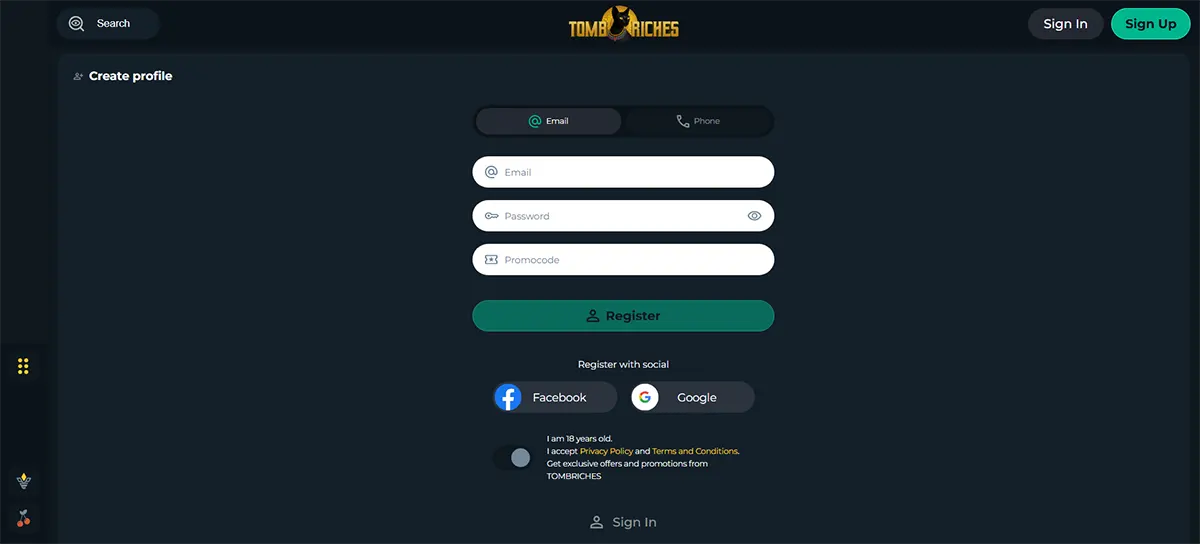 Dark-themed Tomb Riches “Create profile” registration screen with email/password/promocode fields, a green Register button, Facebook/Google social sign-up options, and an 18+ terms consent checkbox.